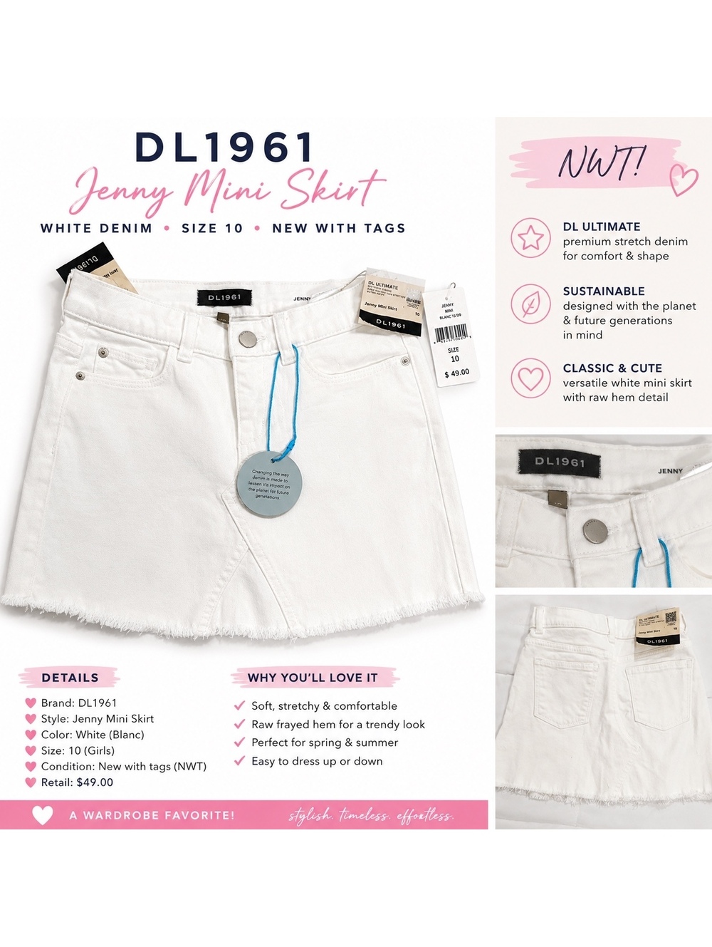 DL1961 Jenny Girls White Denim Mini Skirt Size 10 NWT Raw Frayed Hem